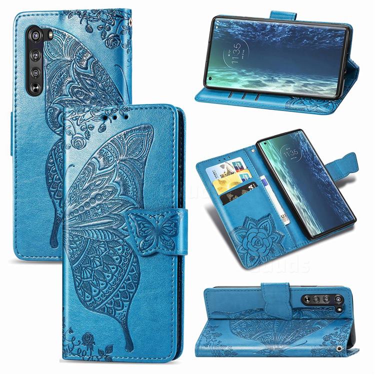 Embossing Mandala Flower Butterfly Leather Wallet Case for Moto Motorola Edge - Blue