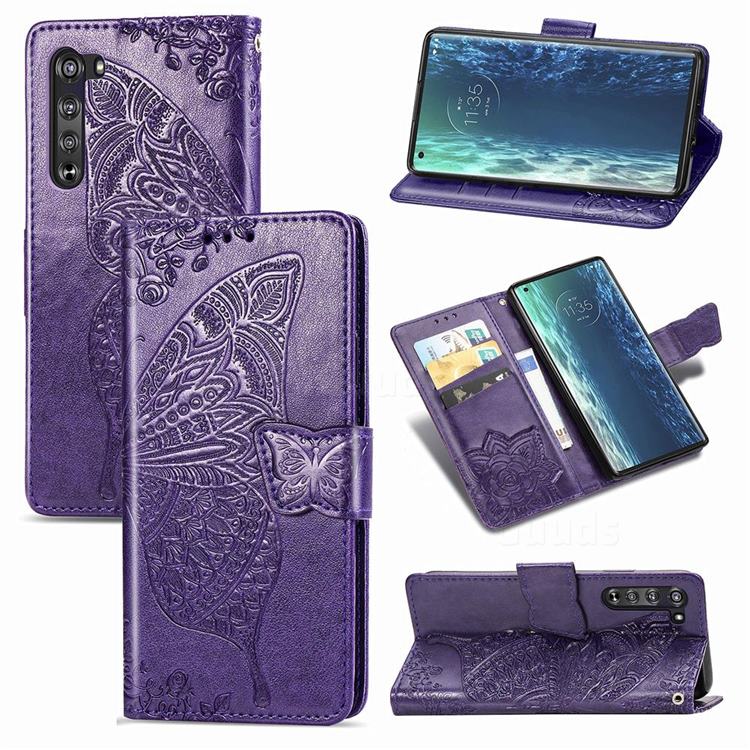 Embossing Mandala Flower Butterfly Leather Wallet Case for Moto Motorola Edge - Dark Purple