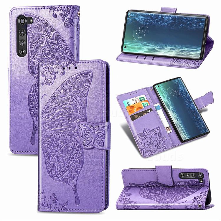 Embossing Mandala Flower Butterfly Leather Wallet Case for Moto Motorola Edge - Light Purple