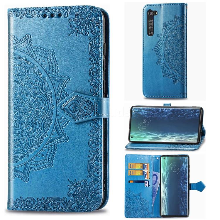 Embossing Imprint Mandala Flower Leather Wallet Case for Moto Motorola Edge - Blue