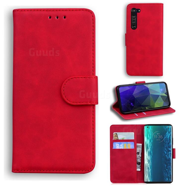 Retro Classic Skin Feel Leather Wallet Phone Case for Moto Motorola Edge - Red