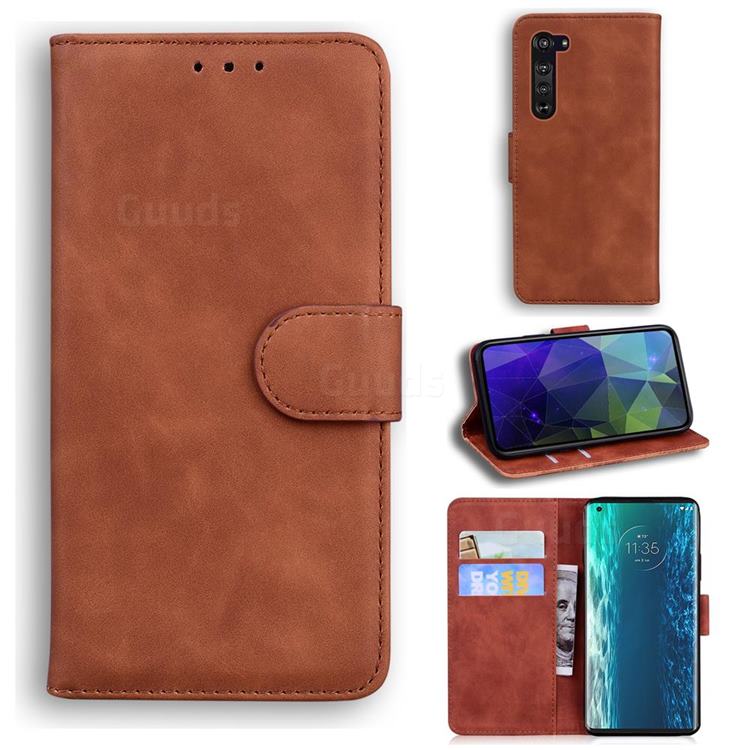 Retro Classic Skin Feel Leather Wallet Phone Case for Moto Motorola Edge - Brown