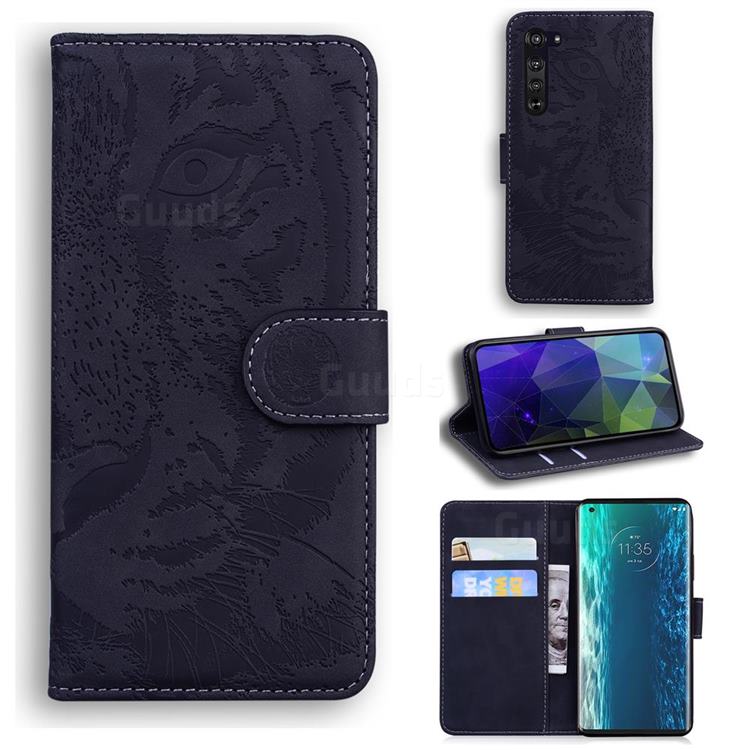 Intricate Embossing Tiger Face Leather Wallet Case for Moto Motorola Edge - Black