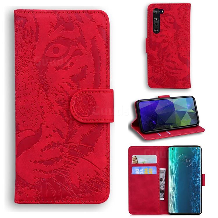 Intricate Embossing Tiger Face Leather Wallet Case for Moto Motorola Edge - Red