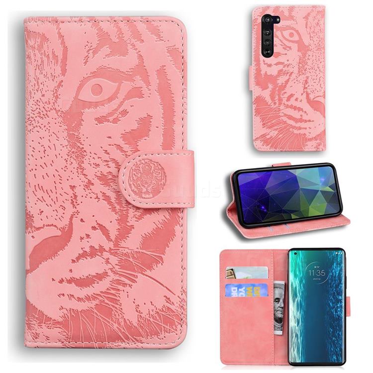 Intricate Embossing Tiger Face Leather Wallet Case for Moto Motorola Edge - Pink