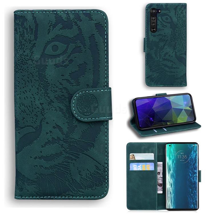 Intricate Embossing Tiger Face Leather Wallet Case for Moto Motorola Edge - Green