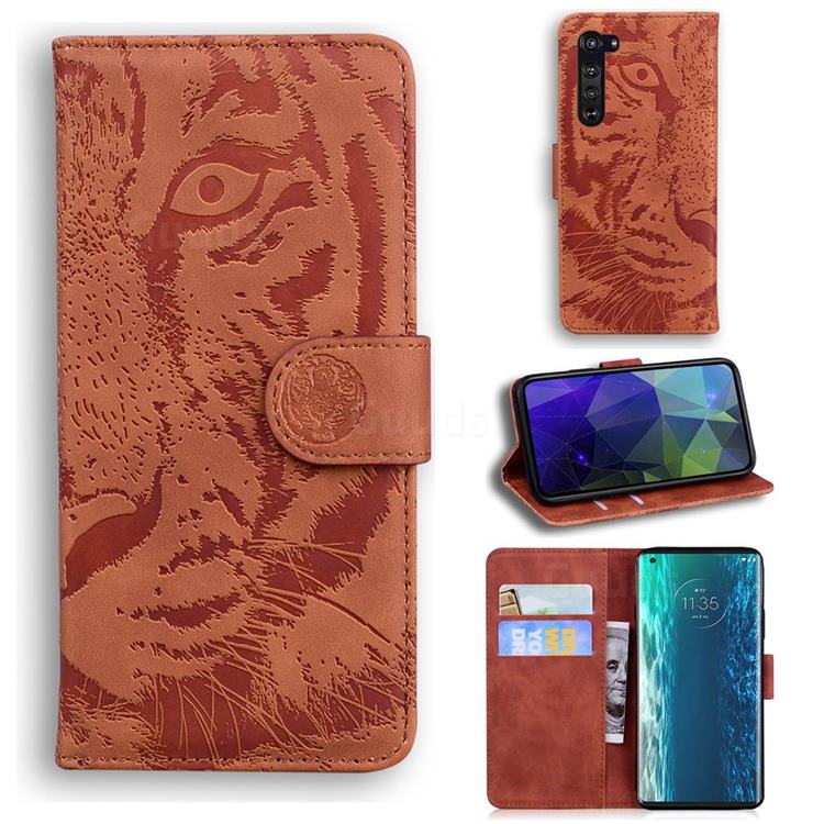 Intricate Embossing Tiger Face Leather Wallet Case for Moto Motorola Edge - Brown