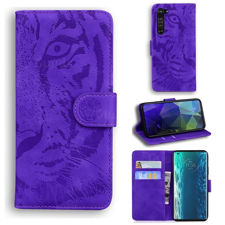 Intricate Embossing Tiger Face Leather Wallet Case for Moto Motorola Edge - Purple