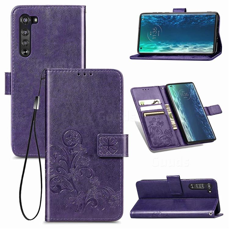 Embossing Imprint Four-Leaf Clover Leather Wallet Case for Moto Motorola Edge - Purple
