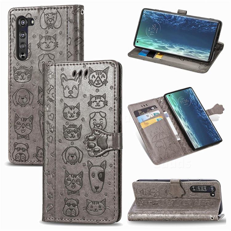 Embossing Dog Paw Kitten and Puppy Leather Wallet Case for Moto Motorola Edge - Gray