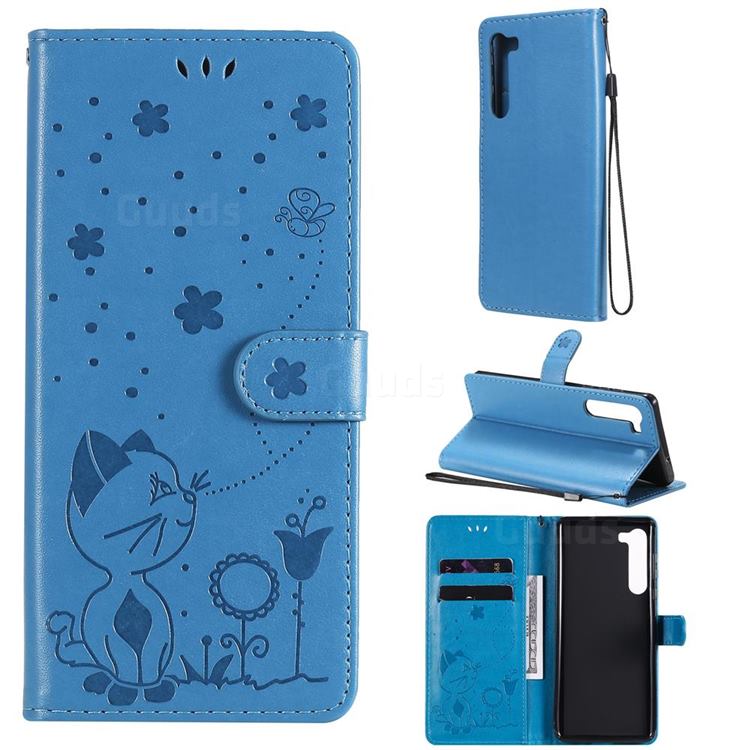 Embossing Bee and Cat Leather Wallet Case for Moto Motorola Edge - Blue