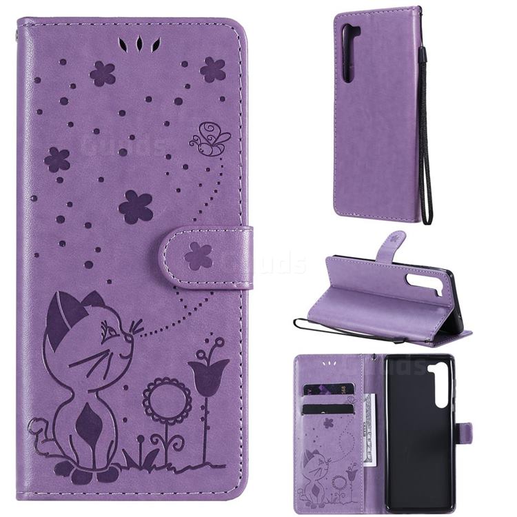 Embossing Bee and Cat Leather Wallet Case for Moto Motorola Edge - Purple