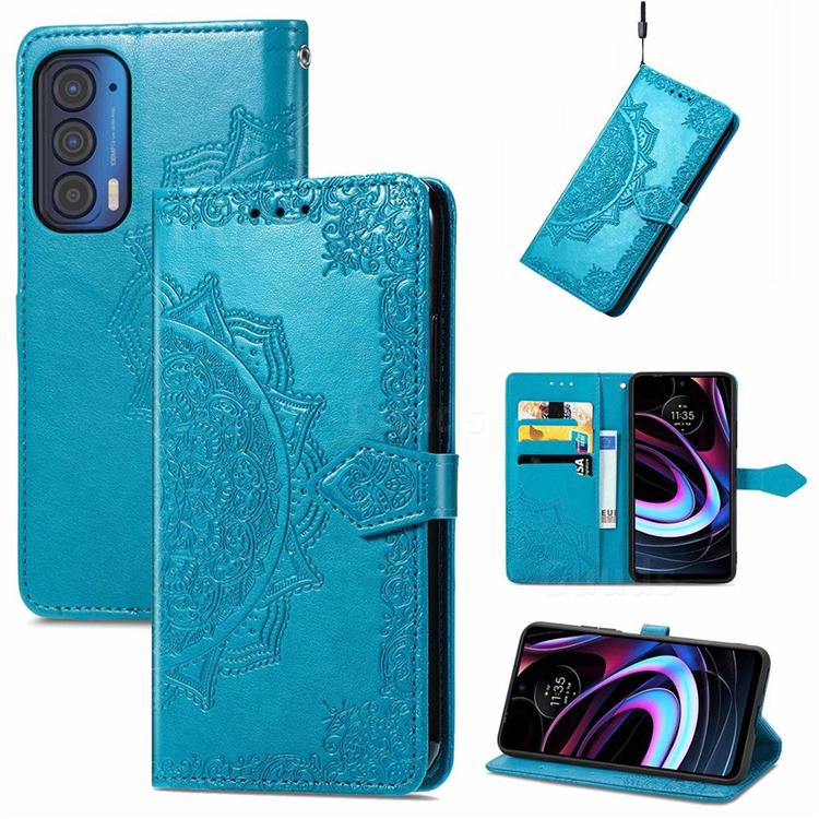 Embossing Imprint Mandala Flower Leather Wallet Case for Moto Motorola Edge 2021 - Blue