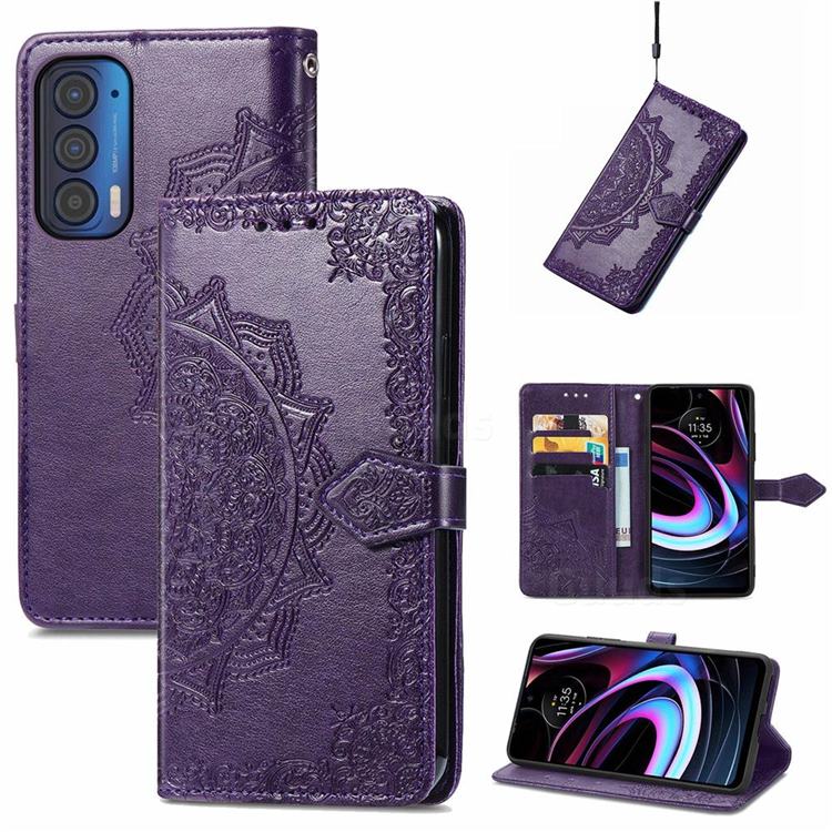 Embossing Imprint Mandala Flower Leather Wallet Case for Moto Motorola Edge 2021 - Purple
