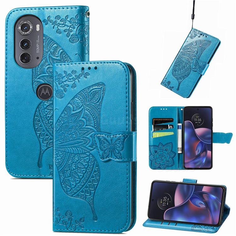 Embossing Mandala Flower Butterfly Leather Wallet Case for Moto Motorola Edge 2022 - Blue
