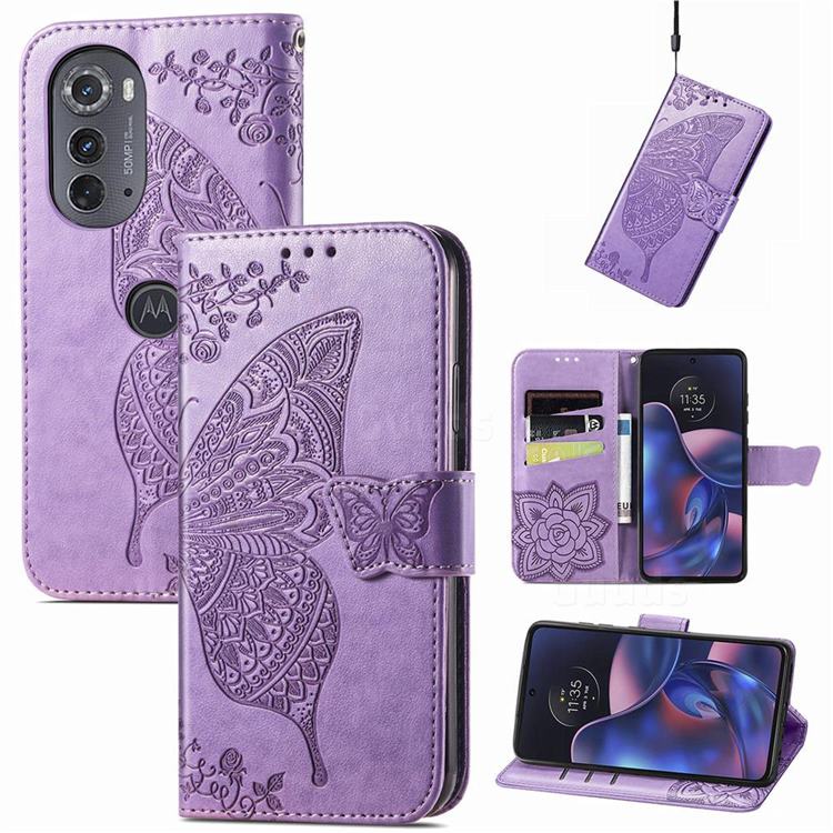 Embossing Mandala Flower Butterfly Leather Wallet Case for Moto Motorola Edge 2022 - Light Purple