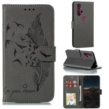 Intricate Embossing Lychee Feather Bird Leather Wallet Case for Moto Motorola Edge Plus - Gray