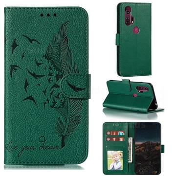 Intricate Embossing Lychee Feather Bird Leather Wallet Case for Moto Motorola Edge Plus - Green