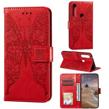 Intricate Embossing Rose Flower Butterfly Leather Wallet Case for Moto Motorola Edge Plus - Red