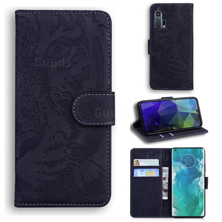 Intricate Embossing Tiger Face Leather Wallet Case for Moto Motorola Edge Plus - Black