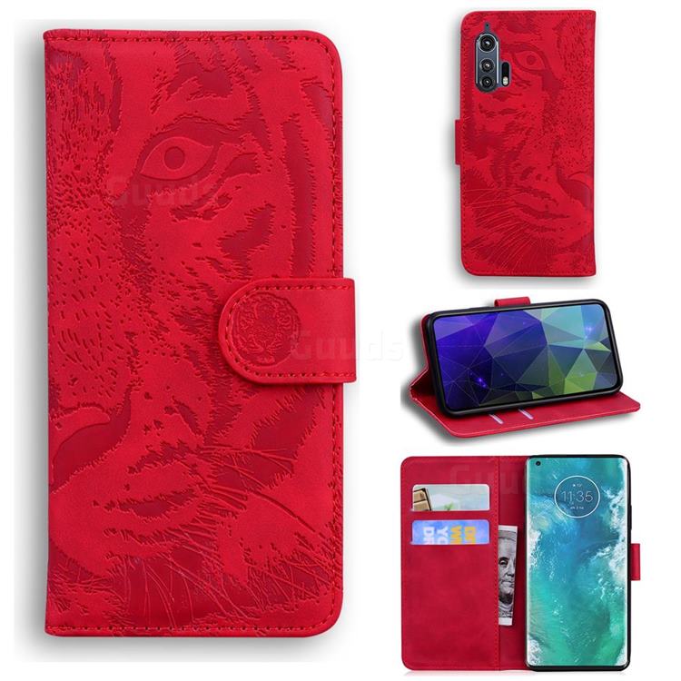 Intricate Embossing Tiger Face Leather Wallet Case for Moto Motorola Edge Plus - Red