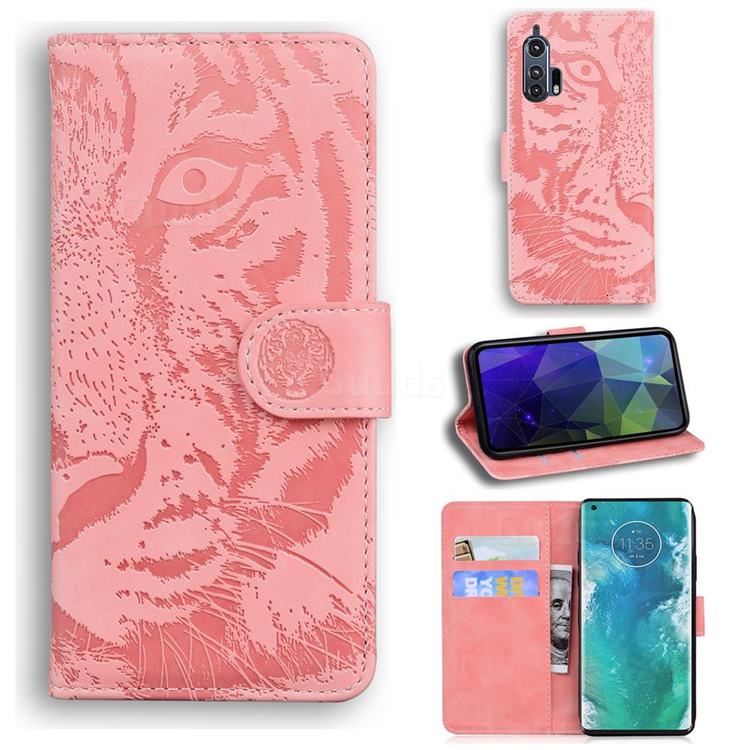 Intricate Embossing Tiger Face Leather Wallet Case for Moto Motorola Edge Plus - Pink