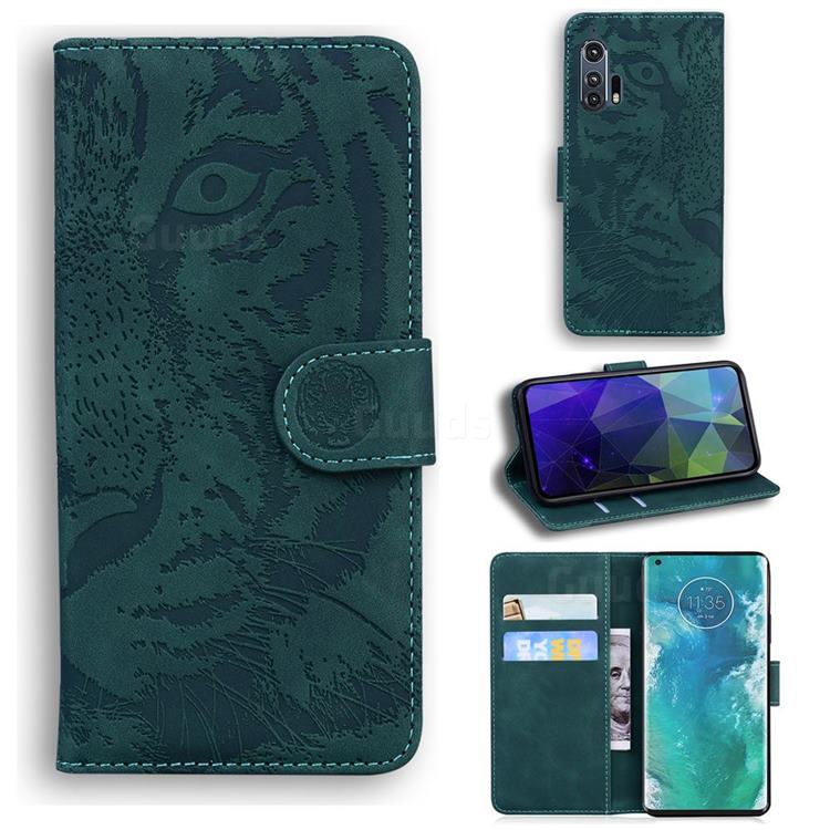 Intricate Embossing Tiger Face Leather Wallet Case for Moto Motorola Edge Plus - Green