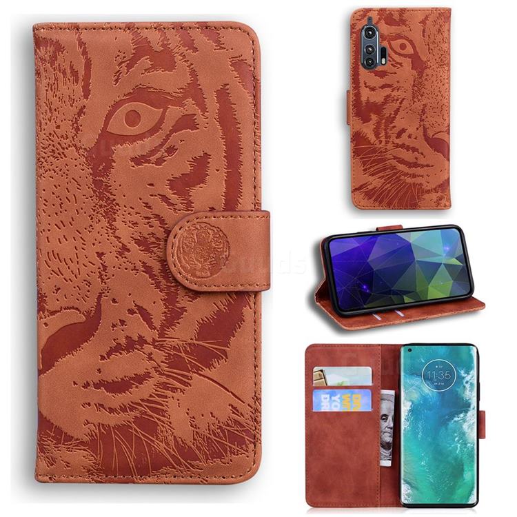 Intricate Embossing Tiger Face Leather Wallet Case for Moto Motorola Edge Plus - Brown