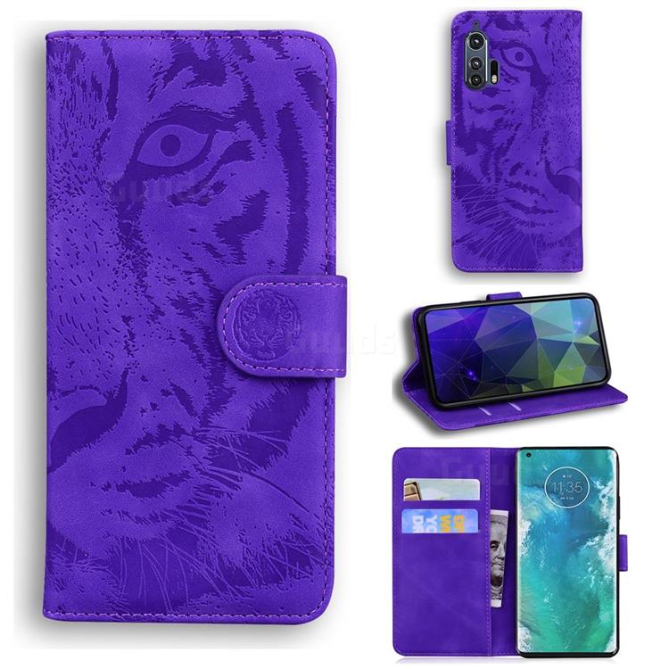 Intricate Embossing Tiger Face Leather Wallet Case for Moto Motorola Edge Plus - Purple