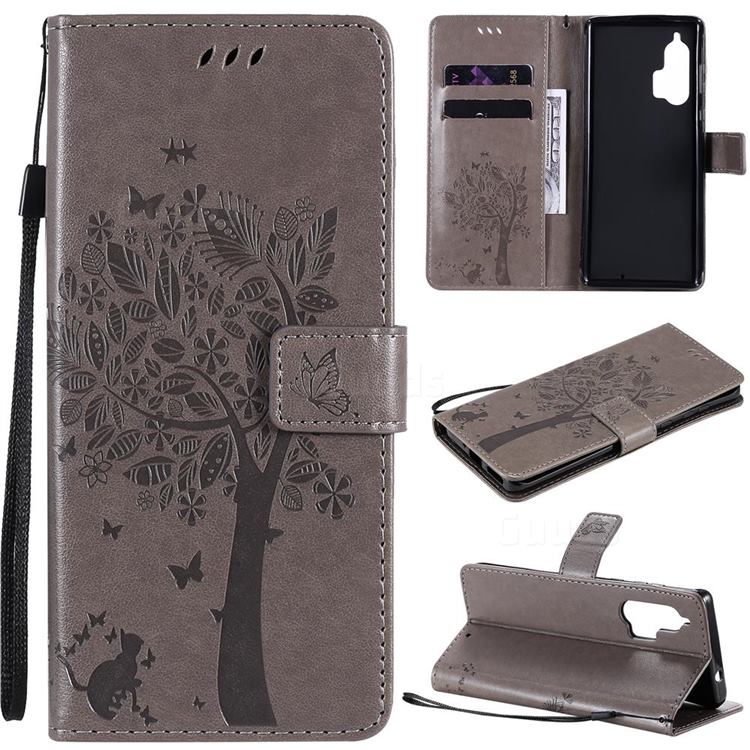 Embossing Butterfly Tree Leather Wallet Case for Moto Motorola Edge Plus - Grey
