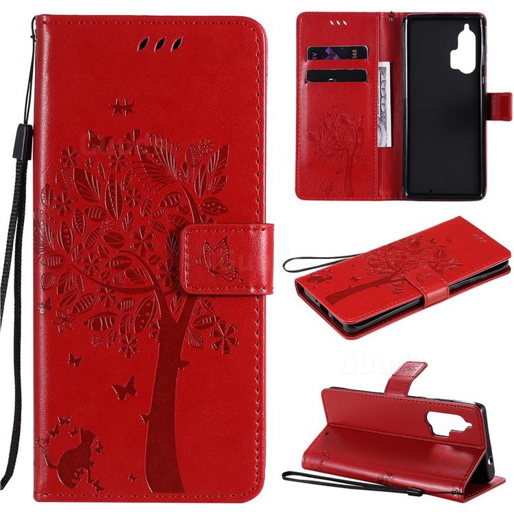 Embossing Butterfly Tree Leather Wallet Case for Moto Motorola Edge Plus - Red