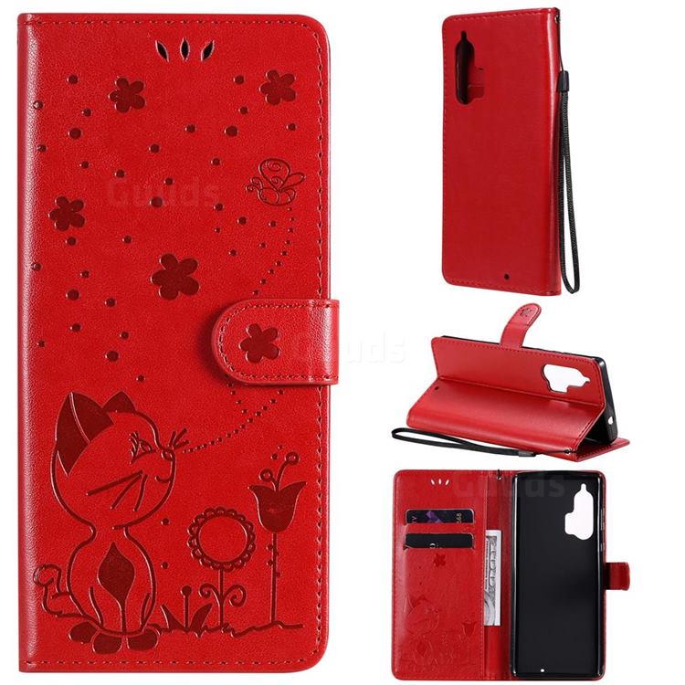 Embossing Bee and Cat Leather Wallet Case for Moto Motorola Edge Plus - Red
