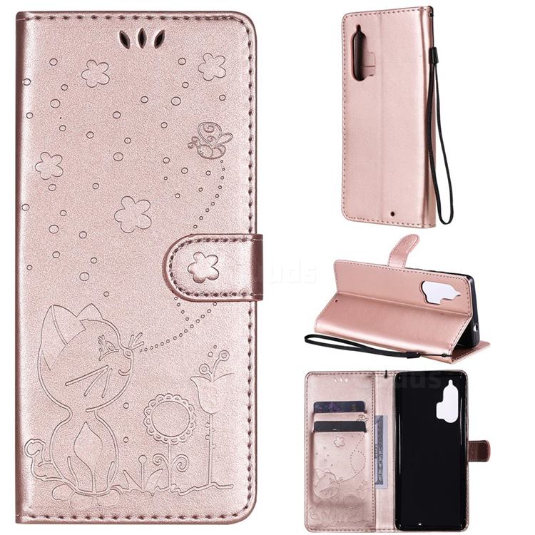 Embossing Bee and Cat Leather Wallet Case for Moto Motorola Edge Plus - Rose Gold