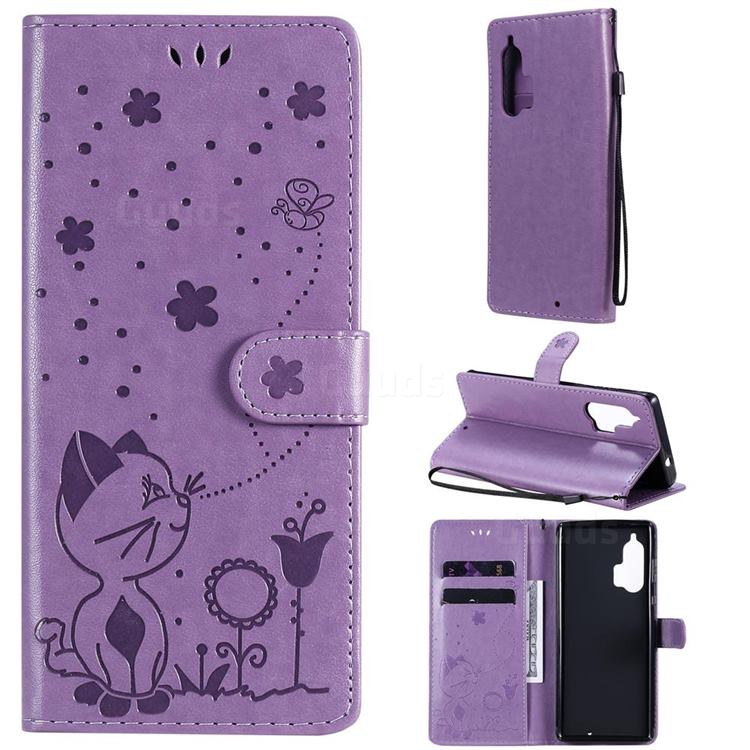 Embossing Bee and Cat Leather Wallet Case for Moto Motorola Edge Plus - Purple
