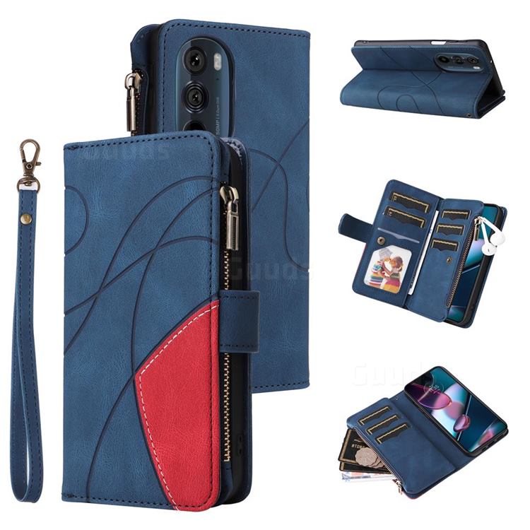 Luxury Two-color Stitching Multi-function Zipper Leather Wallet Case Cover for Motorola Edge X30 - Blue