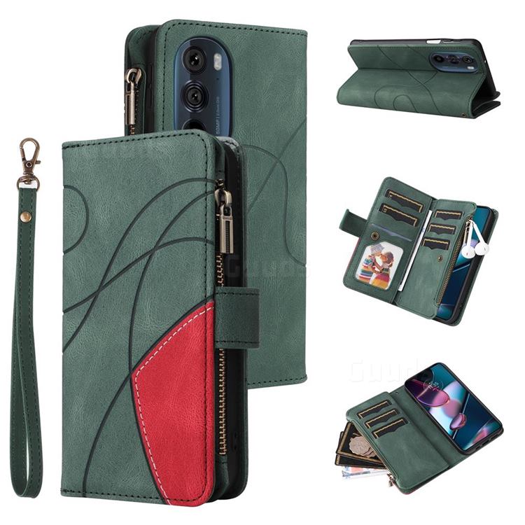 Luxury Two-color Stitching Multi-function Zipper Leather Wallet Case Cover for Motorola Edge X30 - Green