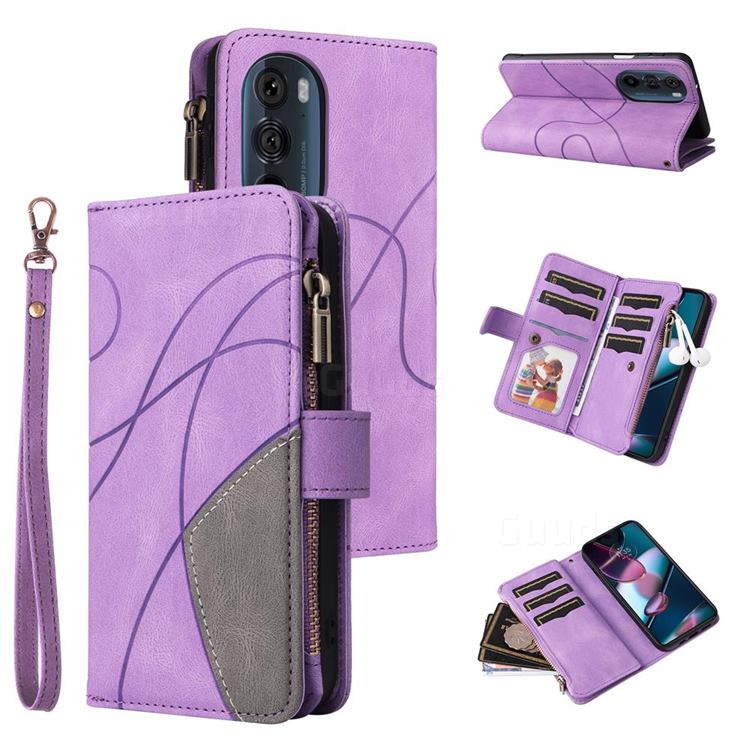 Luxury Two-color Stitching Multi-function Zipper Leather Wallet Case Cover for Motorola Edge X30 - Purple