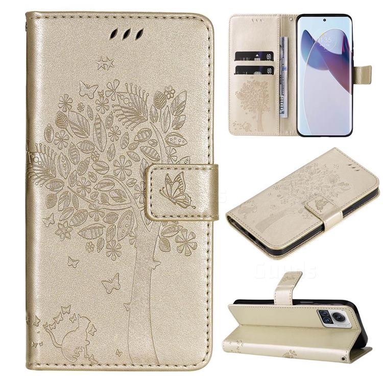 Embossing Butterfly Tree Leather Wallet Case for Motorola Moto X30 Pro - Champagne
