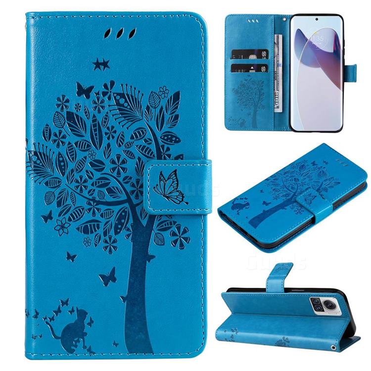 Embossing Butterfly Tree Leather Wallet Case for Motorola Moto X30 Pro - Blue