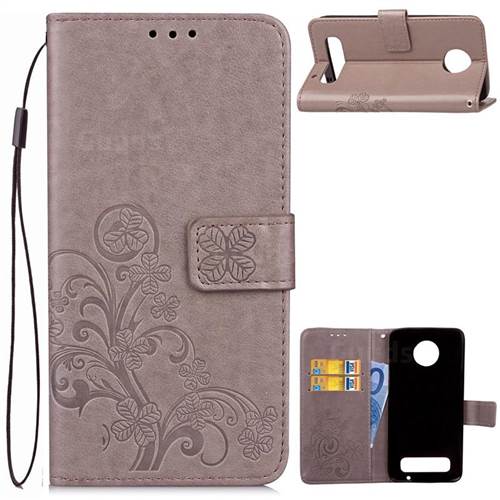 Embossing Imprint Four-Leaf Clover Leather Wallet Case for Motorola Moto Z Play - Grey
