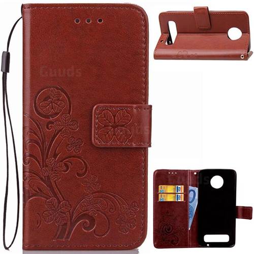 Embossing Imprint Four-Leaf Clover Leather Wallet Case for Motorola Moto Z Play - Brown