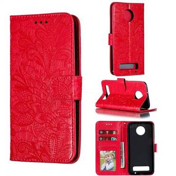 Intricate Embossing Lace Jasmine Flower Leather Wallet Case for Motorola Moto Z3 Play - Red