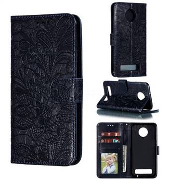 Intricate Embossing Lace Jasmine Flower Leather Wallet Case for Motorola Moto Z3 Play - Dark Blue
