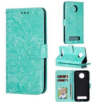 Intricate Embossing Lace Jasmine Flower Leather Wallet Case for Motorola Moto Z3 Play - Green