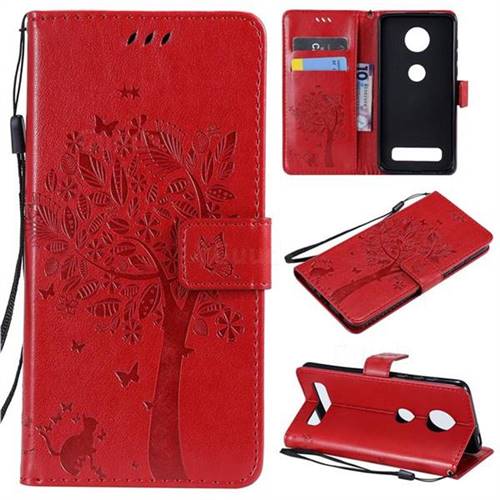 Embossing Butterfly Tree Leather Wallet Case for Motorola Moto Z4 Play - Red