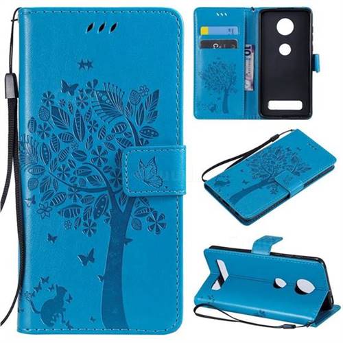 Embossing Butterfly Tree Leather Wallet Case for Motorola Moto Z4 Play - Blue