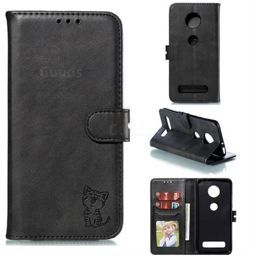 Embossing Happy Cat Leather Wallet Case for Motorola Moto Z4 Play - Black