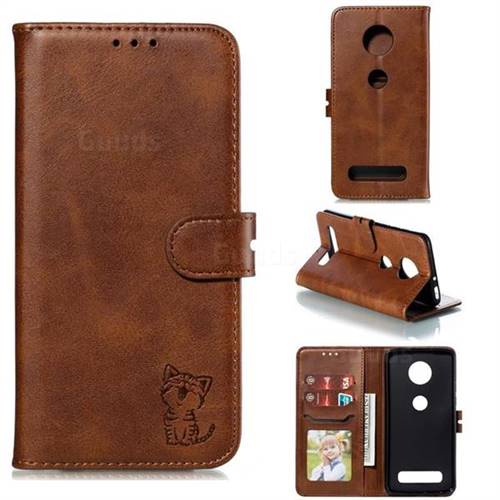 Embossing Happy Cat Leather Wallet Case for Motorola Moto Z4 Play - Brown
