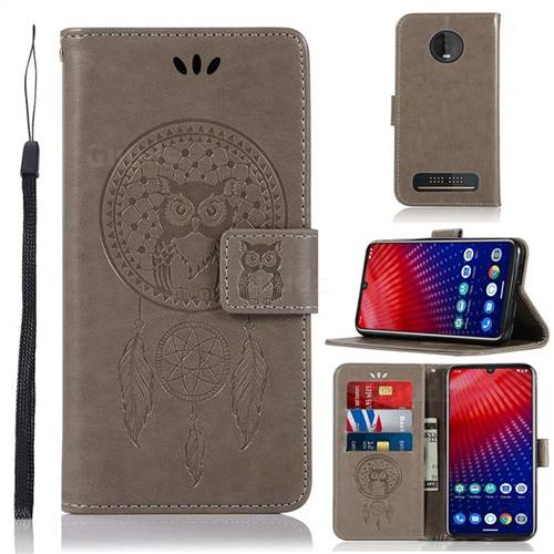 Intricate Embossing Owl Campanula Leather Wallet Case for Motorola Moto Z4 Play - Grey