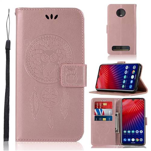 Intricate Embossing Owl Campanula Leather Wallet Case for Motorola Moto Z4 Play - Rose Gold